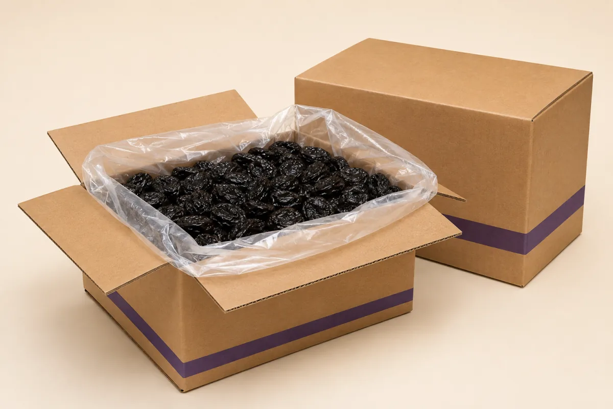 Transport carton with a polyethylene liner bag filled with prunes