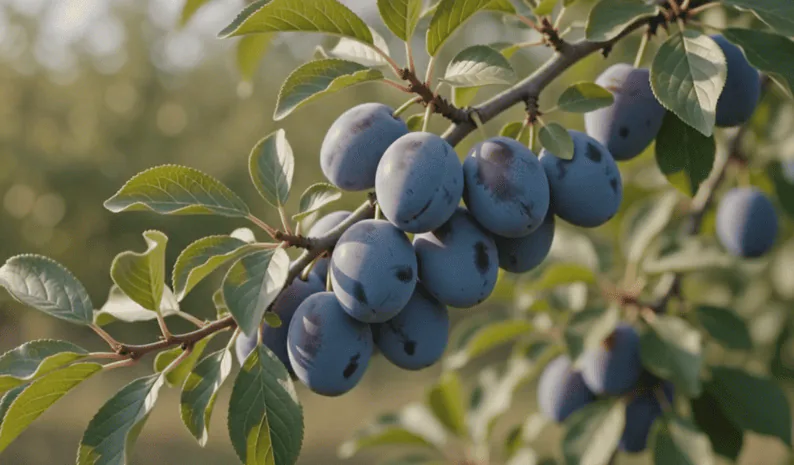 Healthy blue plums on a branch